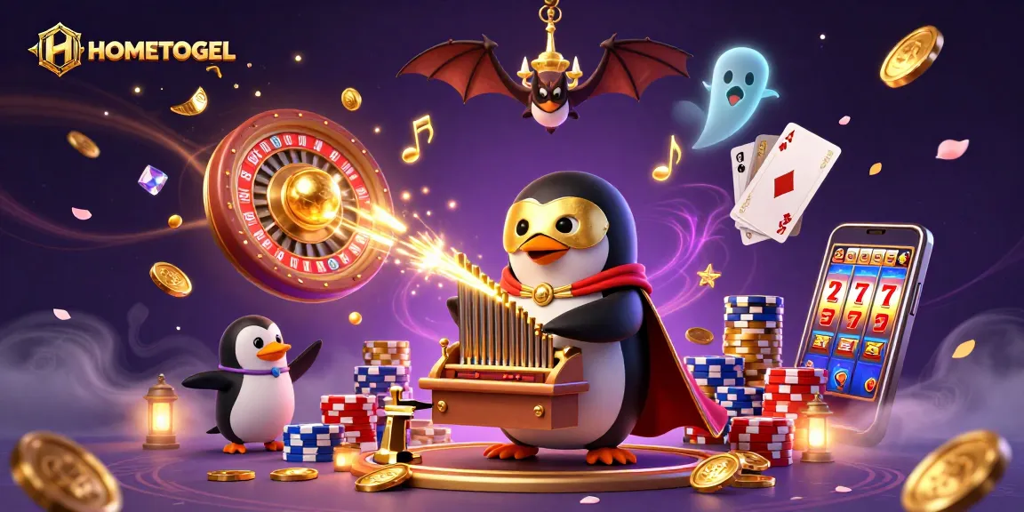 Experience winning with HOMETOGEL through vibrant 3D casino illustration showcasing slot machines and gold coins.