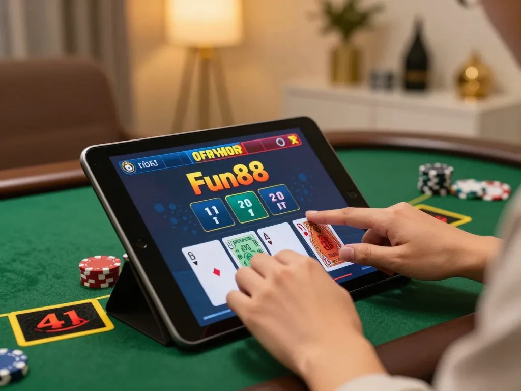 Player enjoying Fun88 live dealer blackjack on a tablet, vibrant home atmosphere with warm lighting.