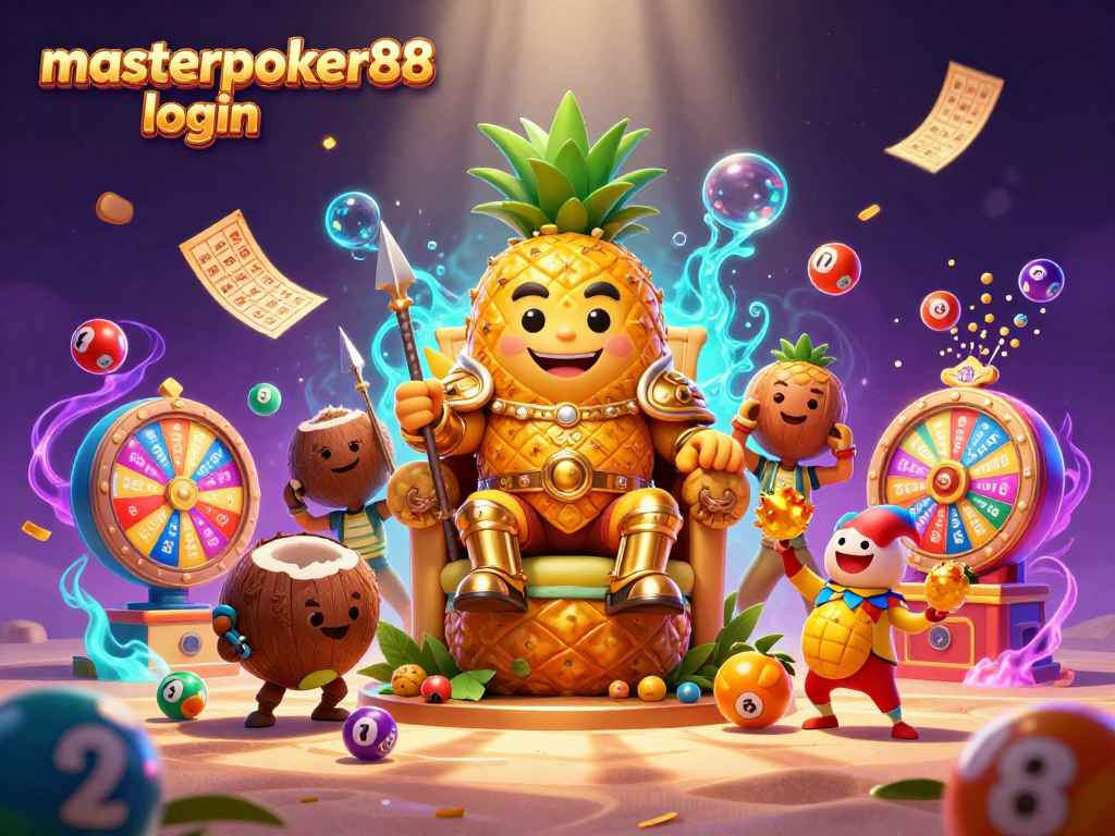 Masuk ke masterpoker88 login dalam ilustrasi kasino 3D penuh warna dengan karakter unik.