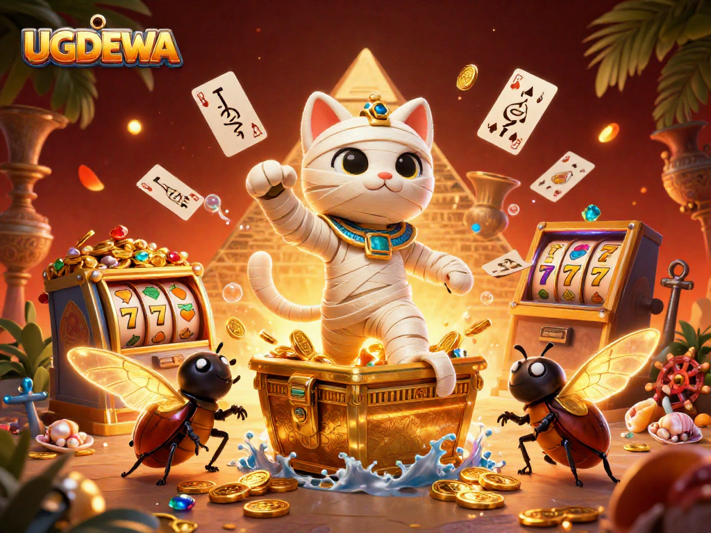 UGDEWA showcases a vibrant casino scene featuring an Egyptian mummy cat and treasures galore.