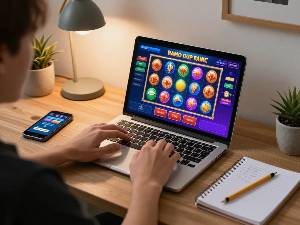 Engaging in online casino gameplay with the link gacor displayed on a laptop screen, showcasing dynamic gaming action