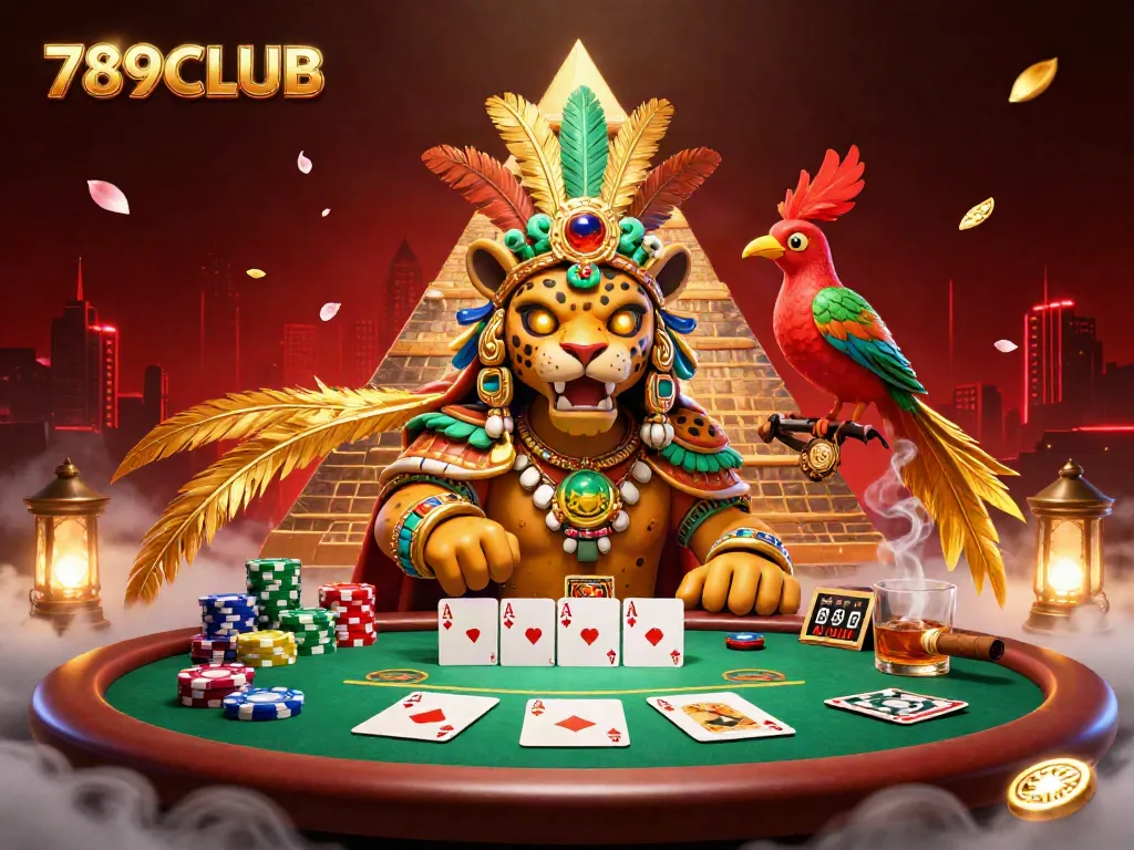 Experience exciting poker action at 789CLUB in a vivid 3D scene featuring a Mayan jaguar priest and vibrant game elements.