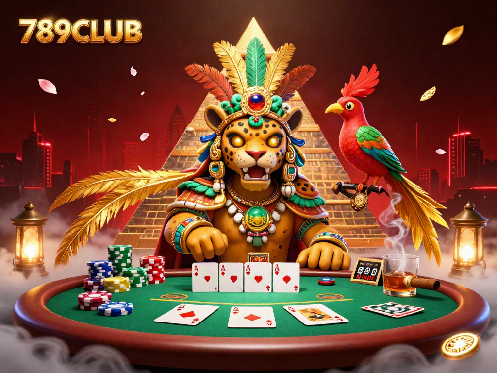 Experience exciting poker action at 789CLUB in a vivid 3D scene featuring a Mayan jaguar priest and vibrant game elements.