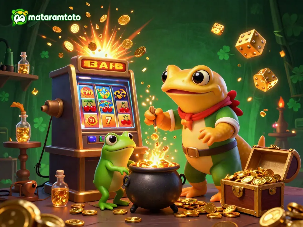 Experience the dynamic gaming world of mataramtoto with a vibrant 3D illustration featuring gold coins, slot machines, and magical alchemical elements.