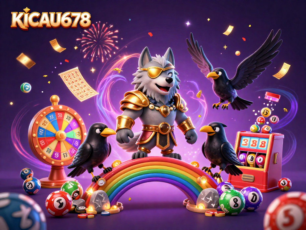 KICAU678's vibrant lottery-themed celebration featuring Odin wolf, ravens, and dynamic elements.