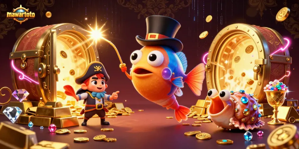 Mawartoto delivers an enchanting scene where a glowing anglerfish lures in coins amid treasures and vibrant characters.