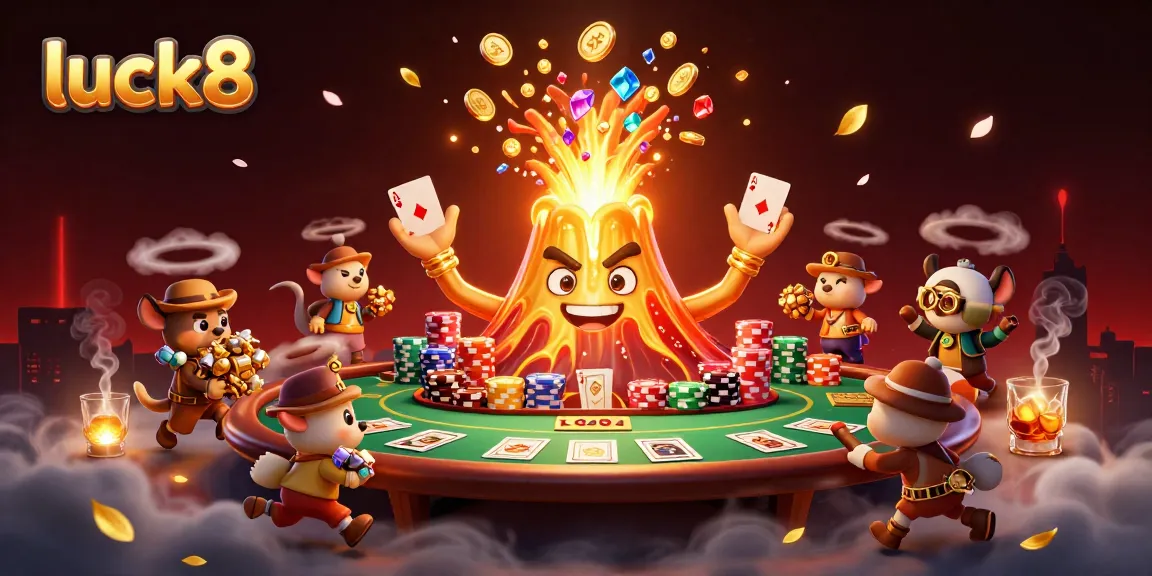 Experience luck8 with a thrilling scene of a golden volcano erupting coins at a vibrant poker table!