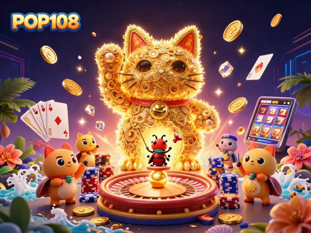 Win big with POP108 featuring a lucky cat and vibrant casino symbols in a dynamic scene.