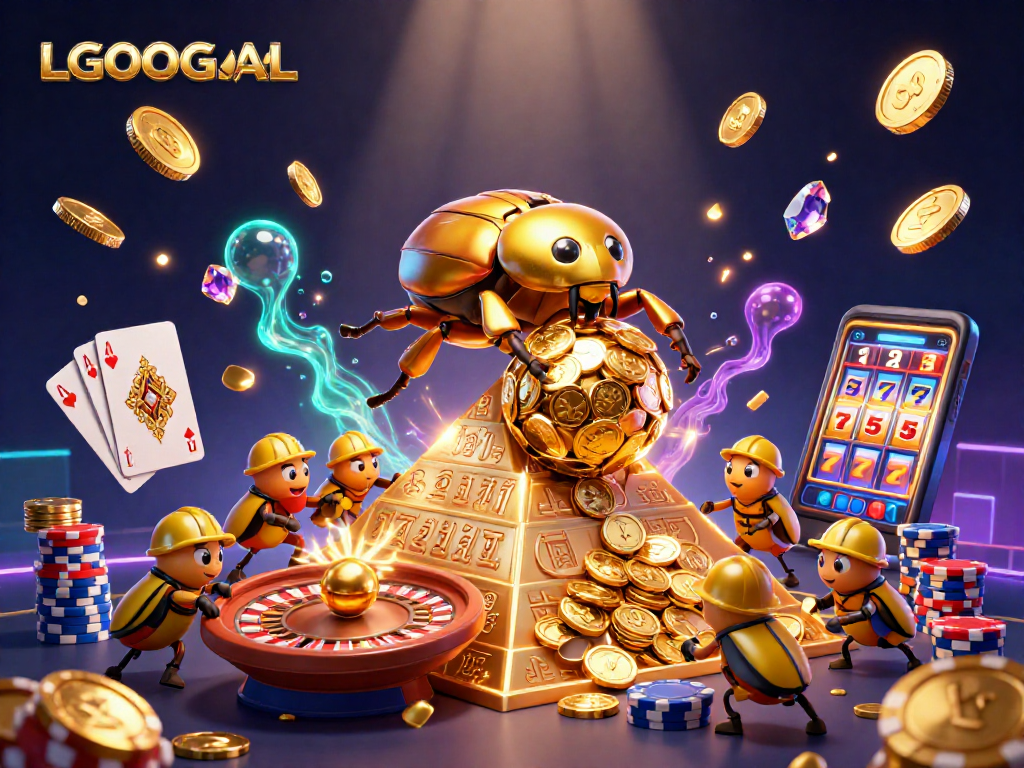 Engaging illustration with LGOGOAL logo showcasing a golden beetle and casino symbols amidst dynamic gambling elements.