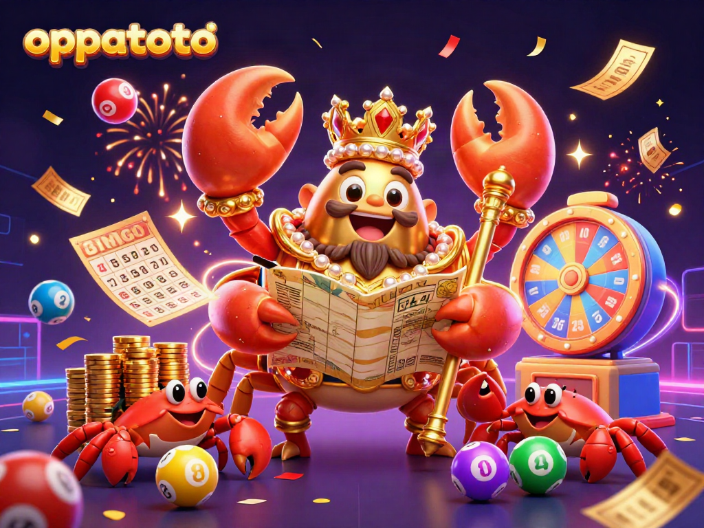 Play games at oppatoto with vibrant lottery elements and a golden crab emperor.