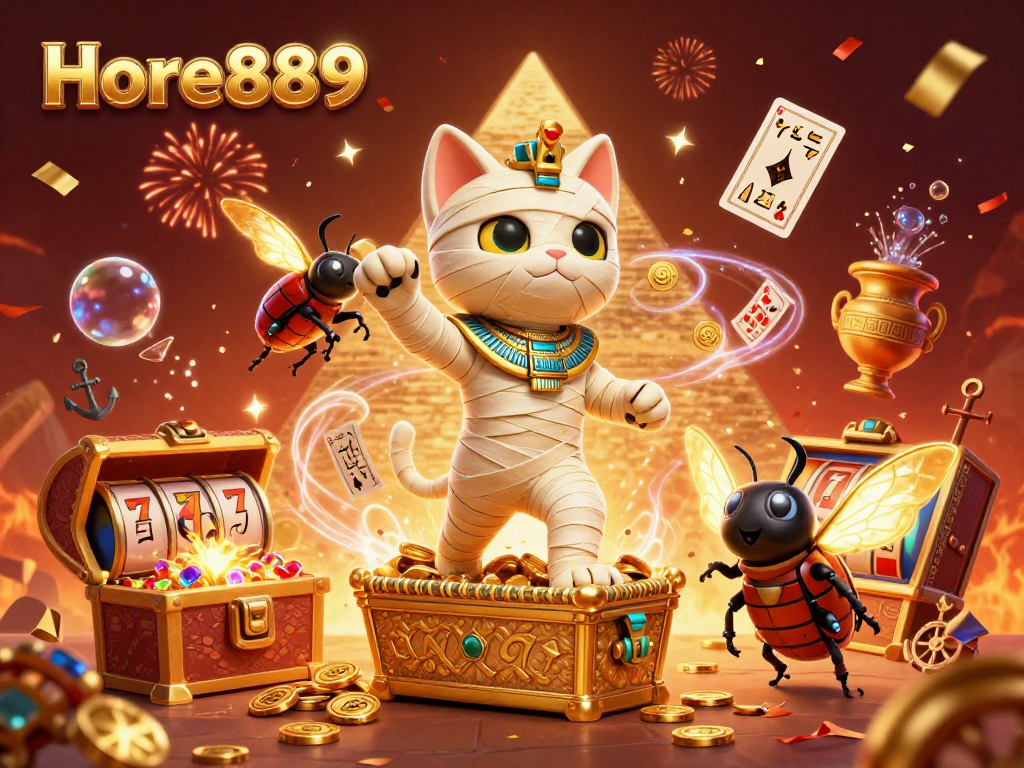 Experience the excitement of Hore889 with a vibrant 3D illustration of a mummy cat and casino elements.