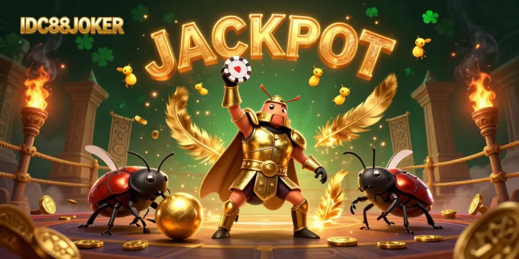 Experience thrilling wins with IDC88JOKER as the heroic beetle celebrates a jackpot!