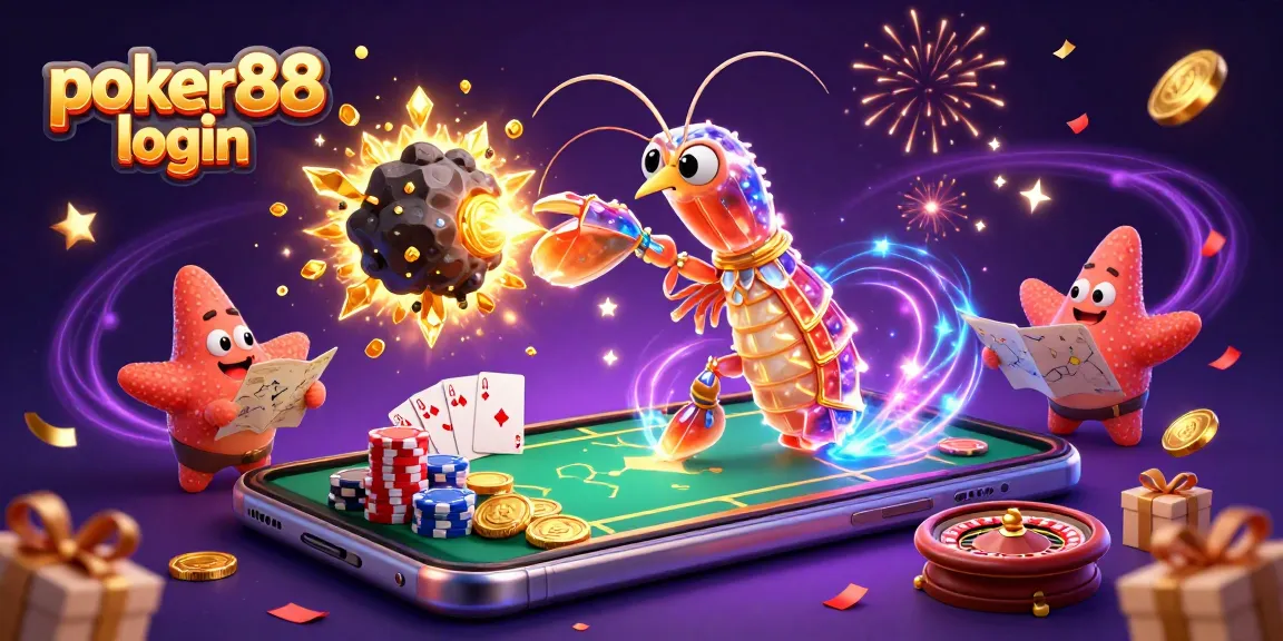 Play poker88 login with vibrant 3D visuals of games and exciting elements in this illustrated scene.