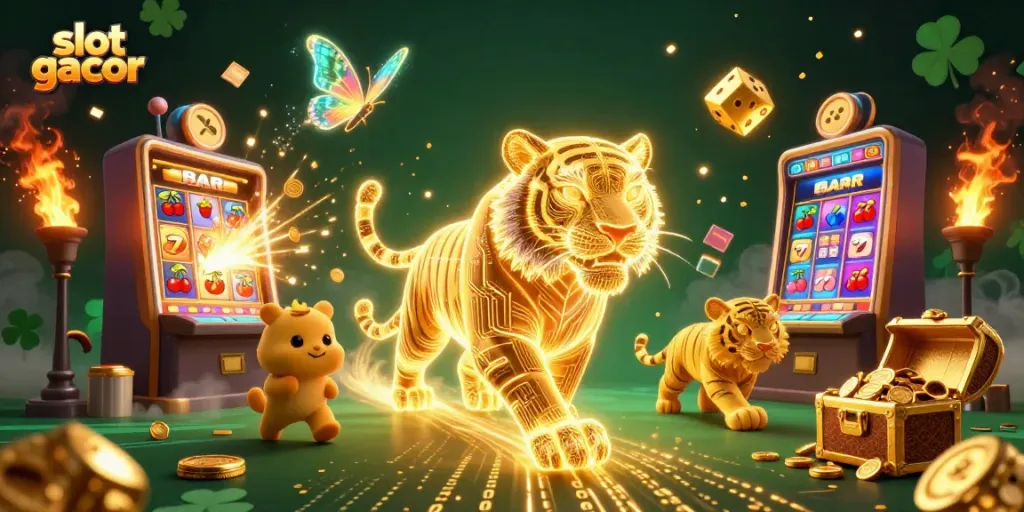 Experience the thrilling excitement of slot gacor with a dazzling 3D casino scene bursting with symbols and rewards.