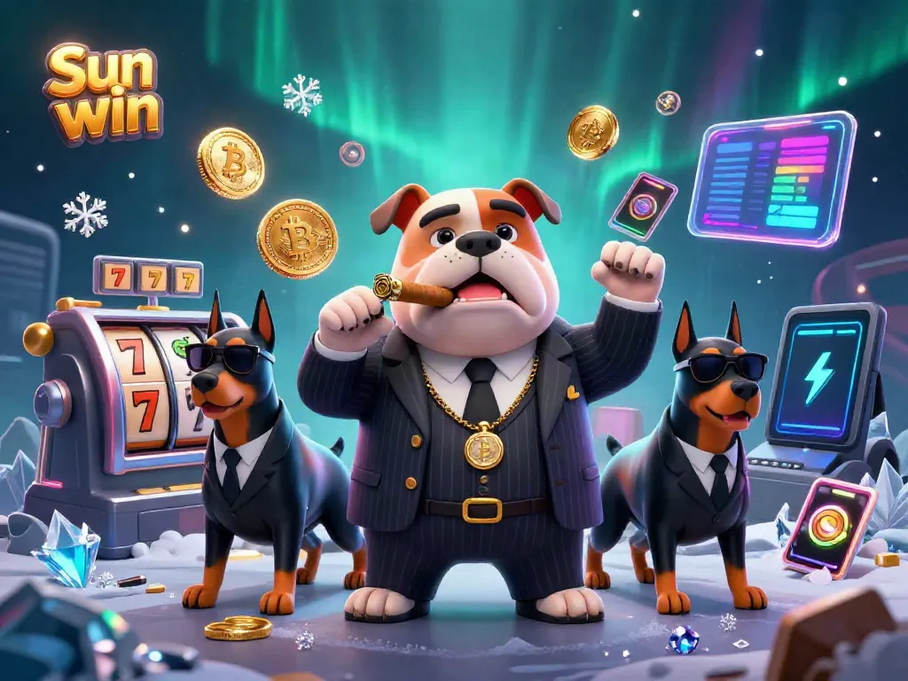 Play and win big on Sun win with a vibrant 3D casino scene featuring a mafia bulldog and Dobermans.