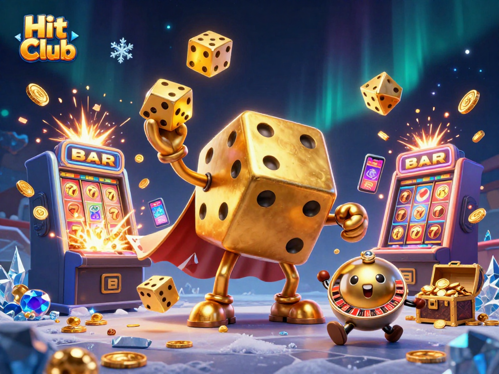 Experience the excitement of Hit Club with 3D characters juggling dice and bursting jackpots.