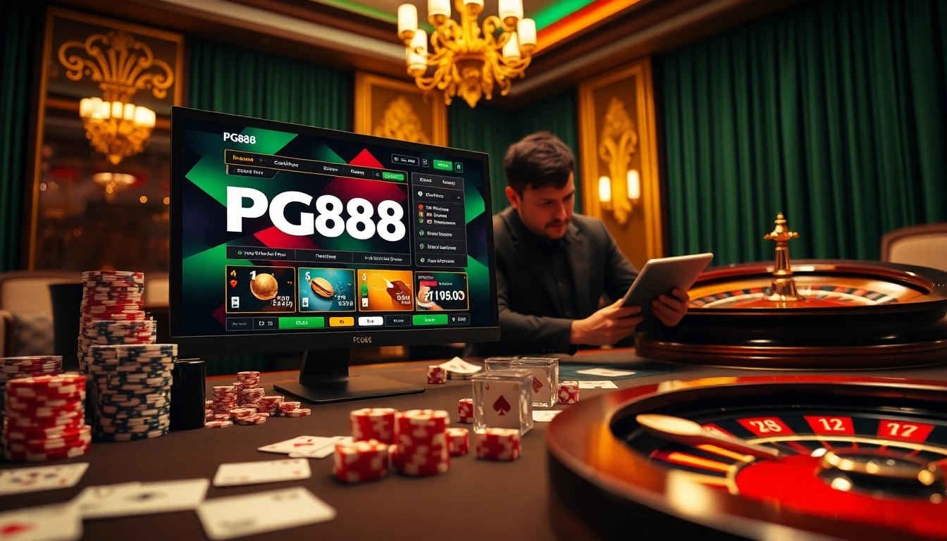 Experience the excitement of PG88 online gambling with poker chips and gaming elements.