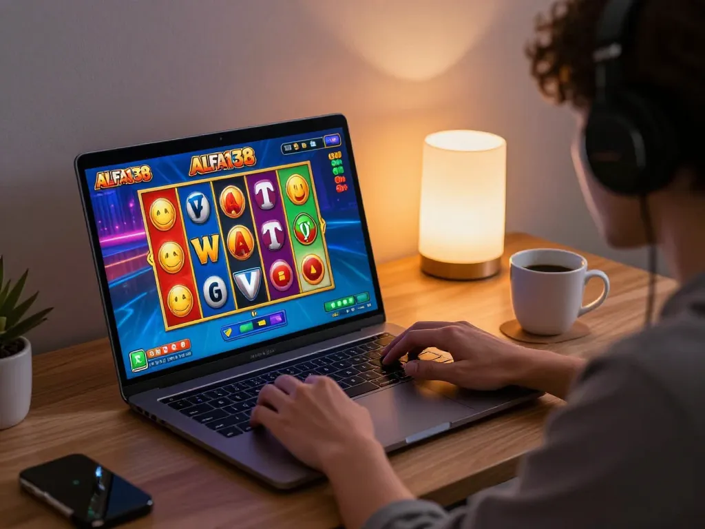 Engaged user enjoying alfa138 slot game on a laptop in a modern home setting, showcasing strategic online gambling