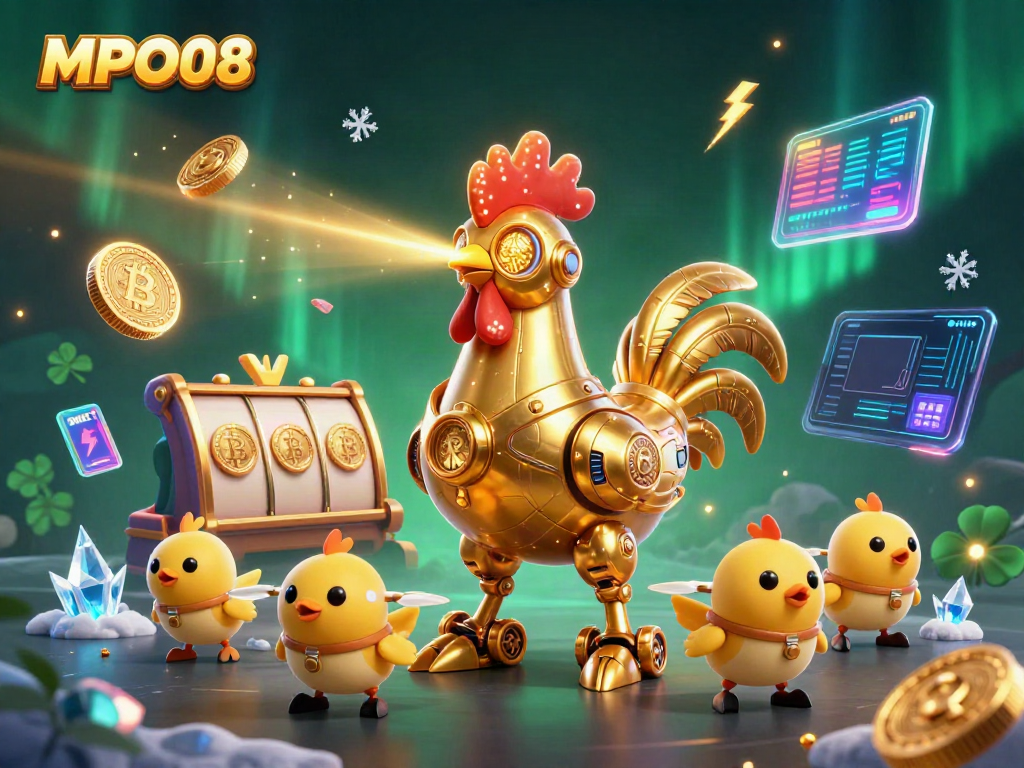 Engage in thrilling gameplay with MPO08's vibrant casino illustration featuring golden characters and dynamic slot elements.