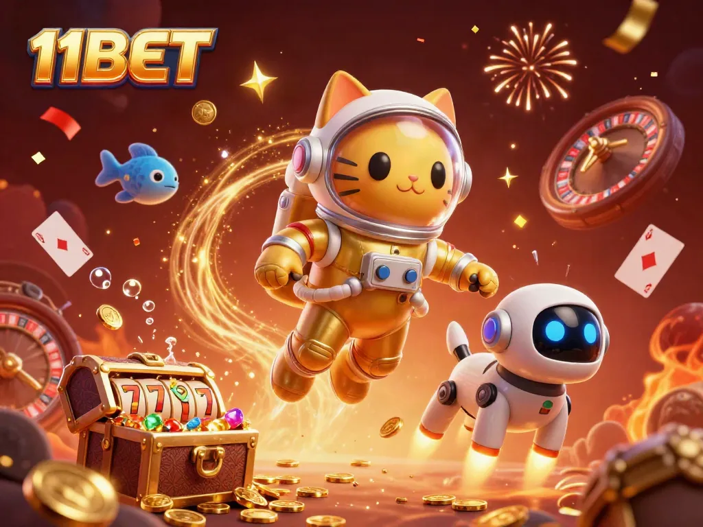 Experience the thrilling charm of 11BET with a vibrant 3D casino scene featuring an astronaut cat and a robotic dog.