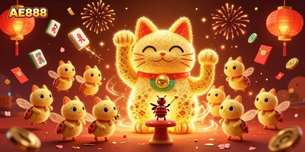 Join the action at AE888 with a vibrant illustration of a lucky cat symbolizing prosperity amidst glowing casino elements.