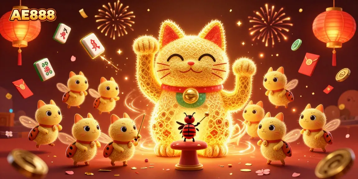 Join the action at AE888 with a vibrant illustration of a lucky cat symbolizing prosperity amidst glowing casino elements.