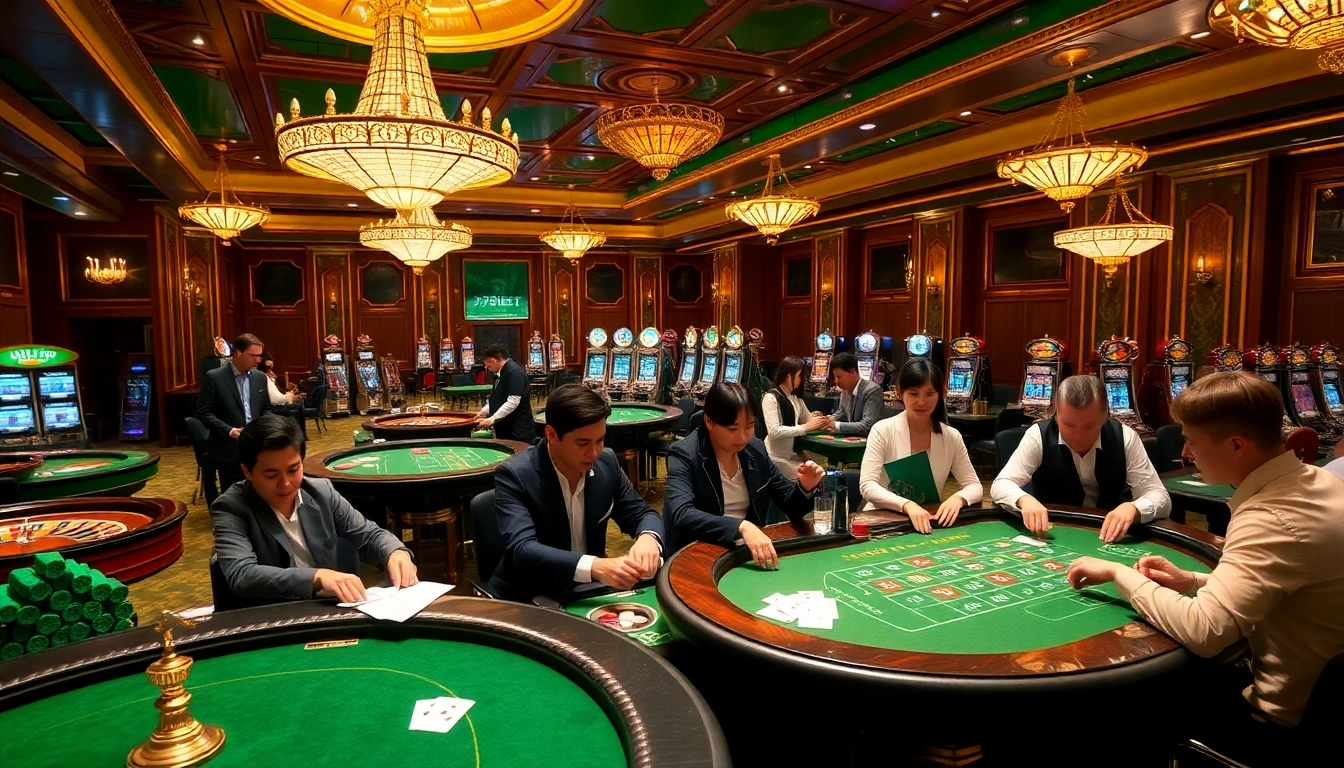Engaging casino scene showcasing 789BET with players at tables and slot machines.