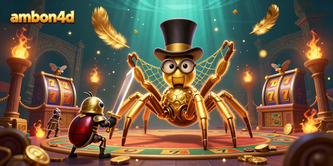 Win big with ambon4d as a golden tarantula and beetle knight battle in a vibrant casino scene.