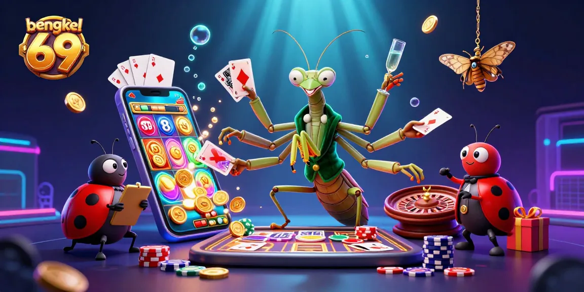 Bengkel 69 showcases a vibrant casino scene with a mantis dealer, ladybug pit boss, and lively game elements.