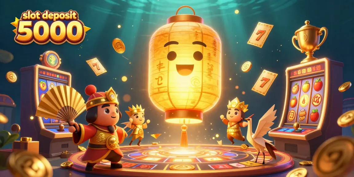 Permainan slot deposit 5000 dengan slot gulungan, simbol buah, dan peluang menang besar dalam ilustrasi berwarna-warni.