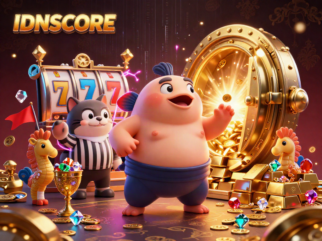Experience the excitement of IDNSCORE in a vibrant underwater casino scene with dynamic characters and gold treasures.