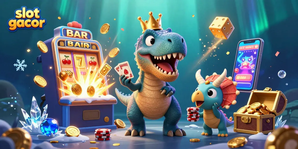 Slot gacor meriah saat jackpot pecah dengan karakter kartun dino dan chip emas yang mengagumkan.