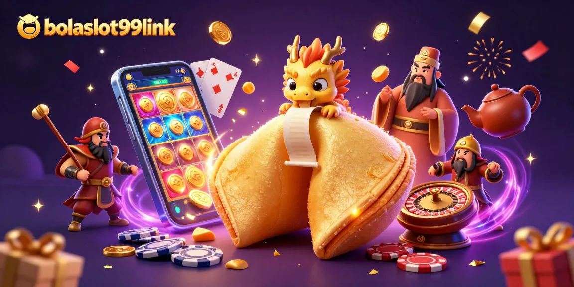 Play exciting slot games with bolaslot99link, featuring a fortune cookie and dragon.