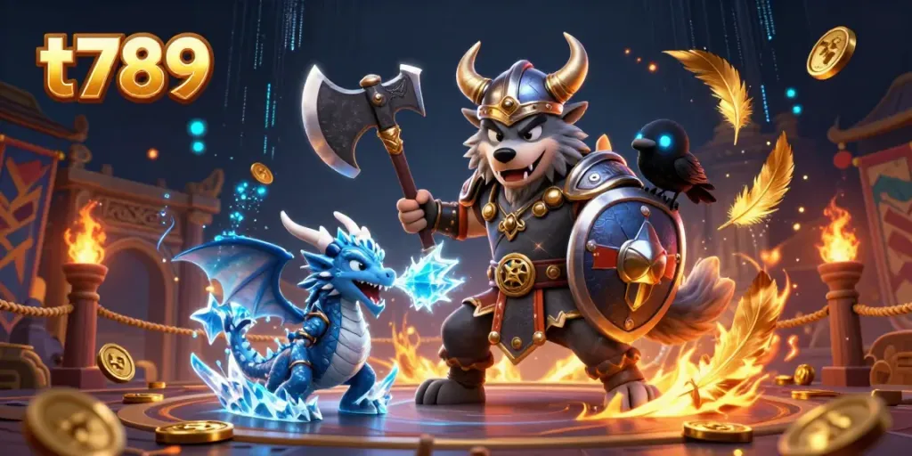 Experience thrilling gameplay with t789 as a Viking wolf warrior battles in a dynamic casino environment.