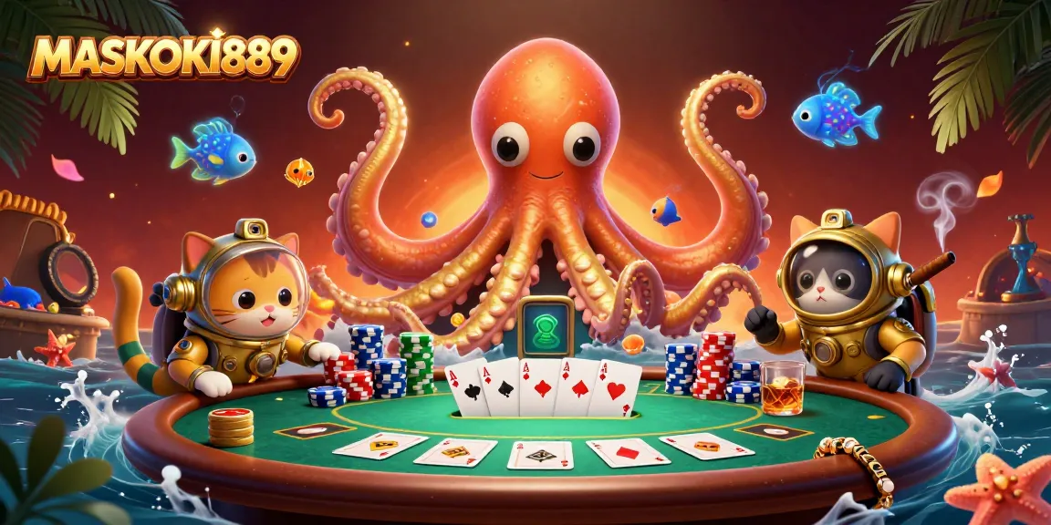 Play your hand with MASKOKI889 amidst a kraken's treasure and poker setup in a vibrant scene.
