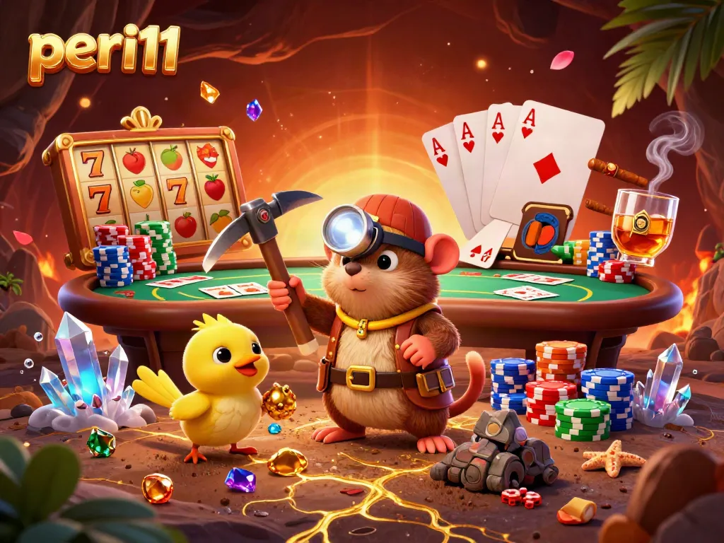Engage with peri11's thrilling gaming adventure featuring vibrant slot reels and a cartoon treasure hunter mole.