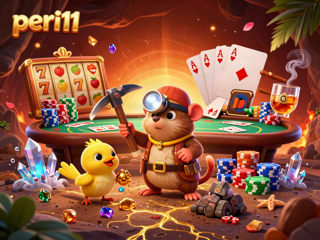 Engage with peri11's thrilling gaming adventure featuring vibrant slot reels and a cartoon treasure hunter mole.
