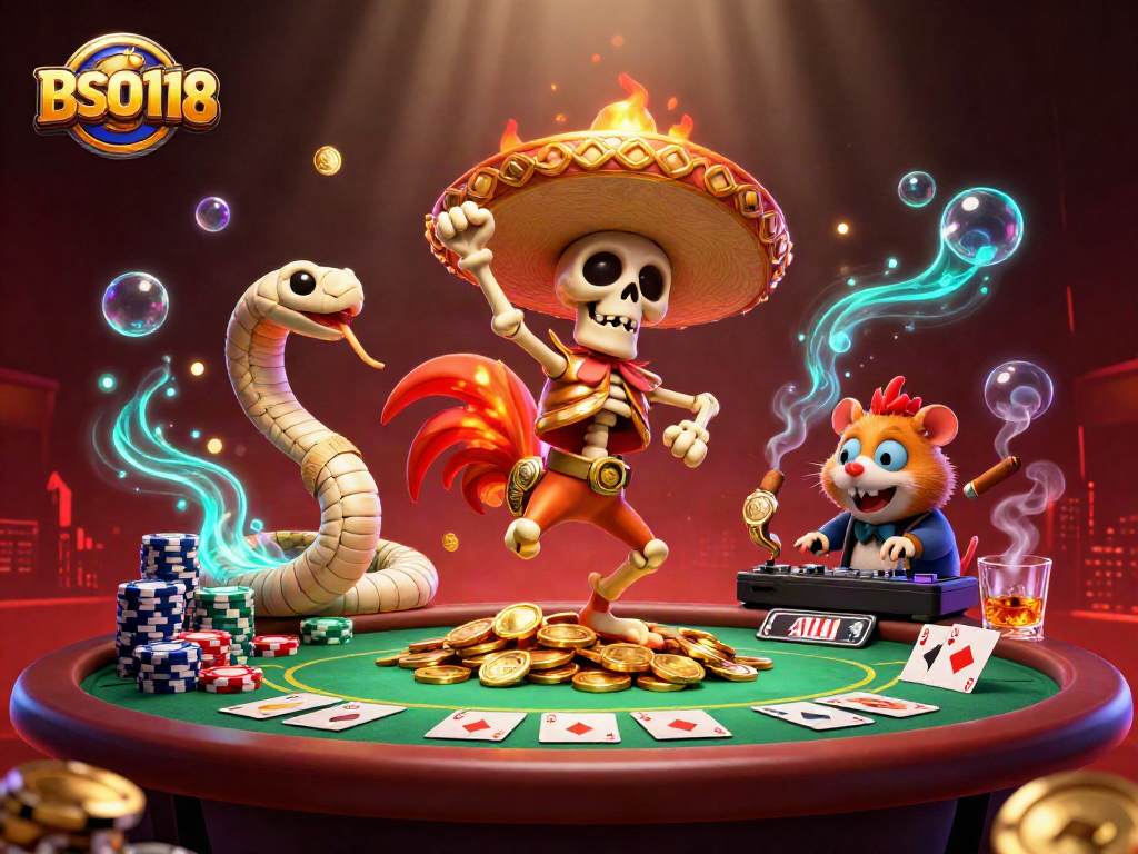 BSO118 showcases a lively casino scene with vibrant characters celebrating amidst poker chips and cards