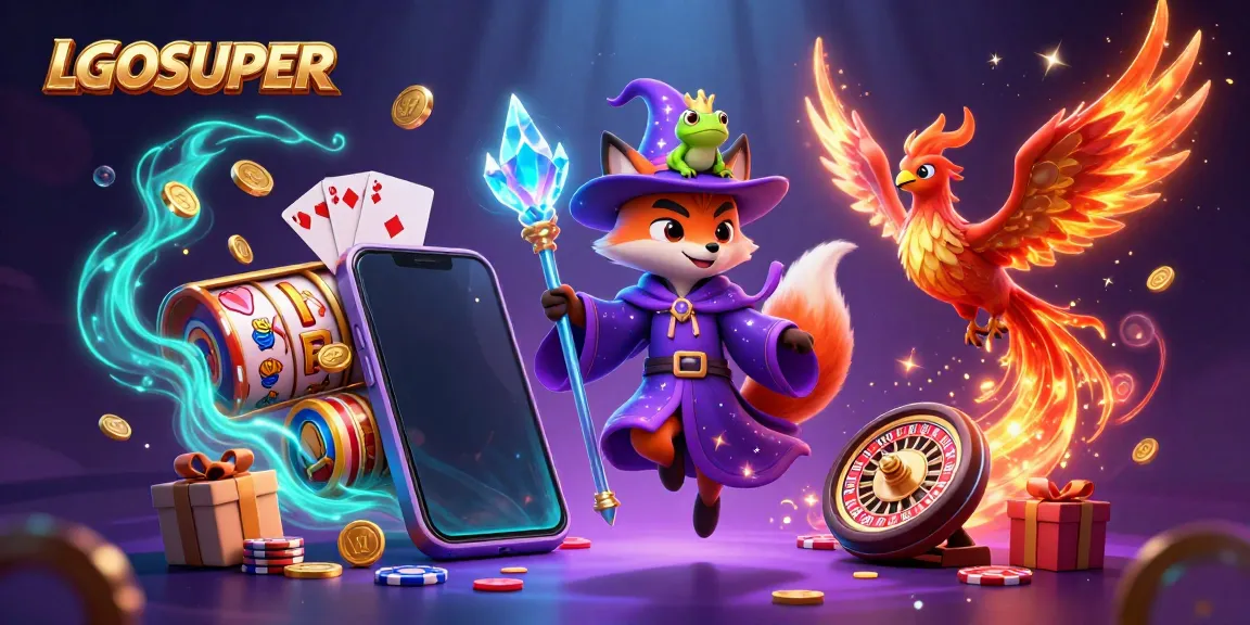 Engage with the enchanting LGOSUPER experience featuring a wizard fox and phoenix amidst colorful slot game excitement.