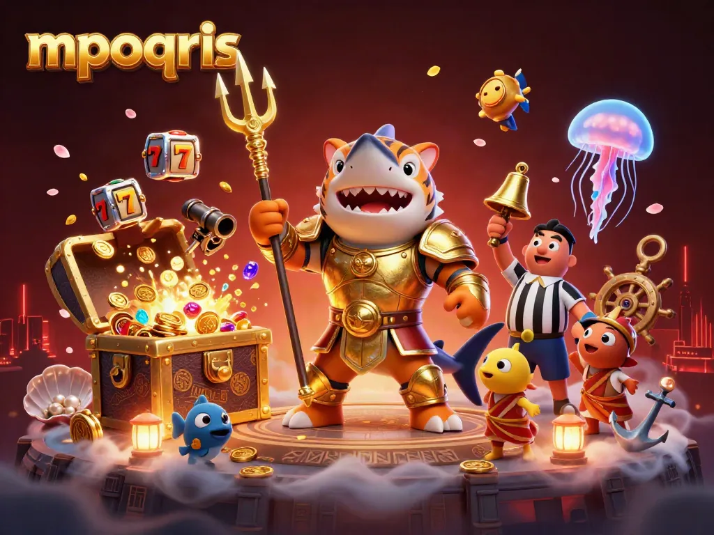 Ilustrasi 3D mpoqris menampilkan ikan hiu kartun bersenjata trident dalam koloseum bawah laut dengan elemen permainan slot