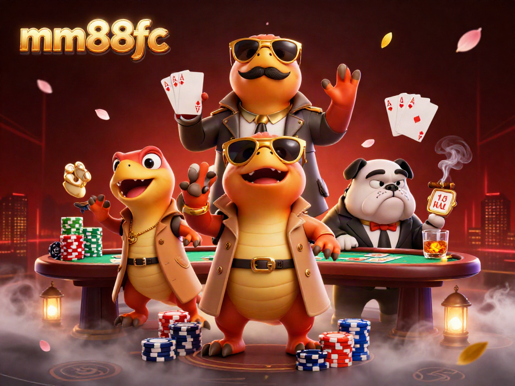 mm88fc showcases raptors in trench coat as they enter a VIP casino lounge amidst poker elements.