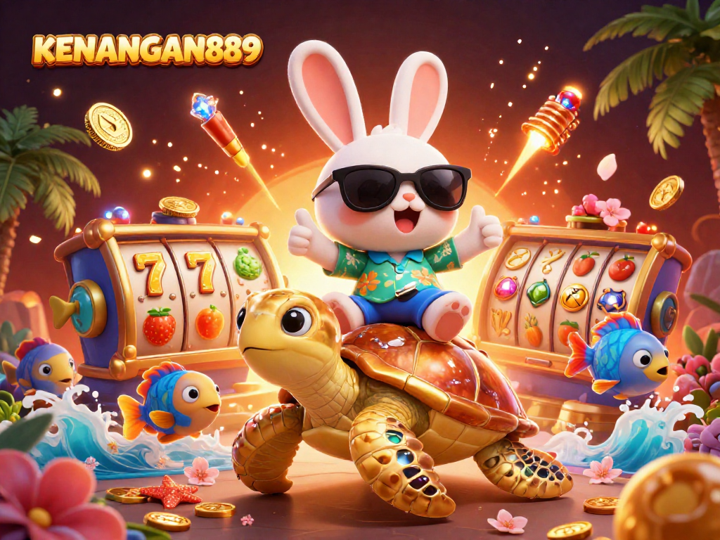 Play exciting games at KENANGAN889 with the lucky rabbit and golden turtle amidst vibrant casino elements.