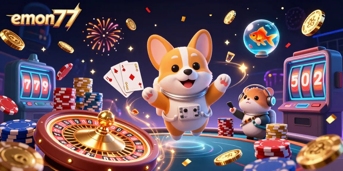 Experience excitement with emon77 in a vibrant casino scene featuring animated characters.