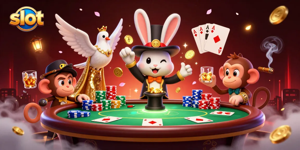 Mengambil slot dengan karakter kartun 3D menarik koin emas dari topi, dikelilingi oleh elemen kasino warna-warni.