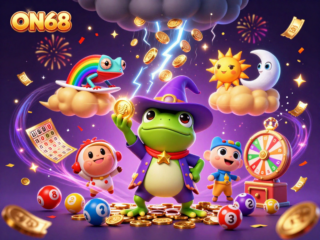 Experience the thrill of ON68 casino with vibrant golden coin storms and colorful dynamic lottery elements.