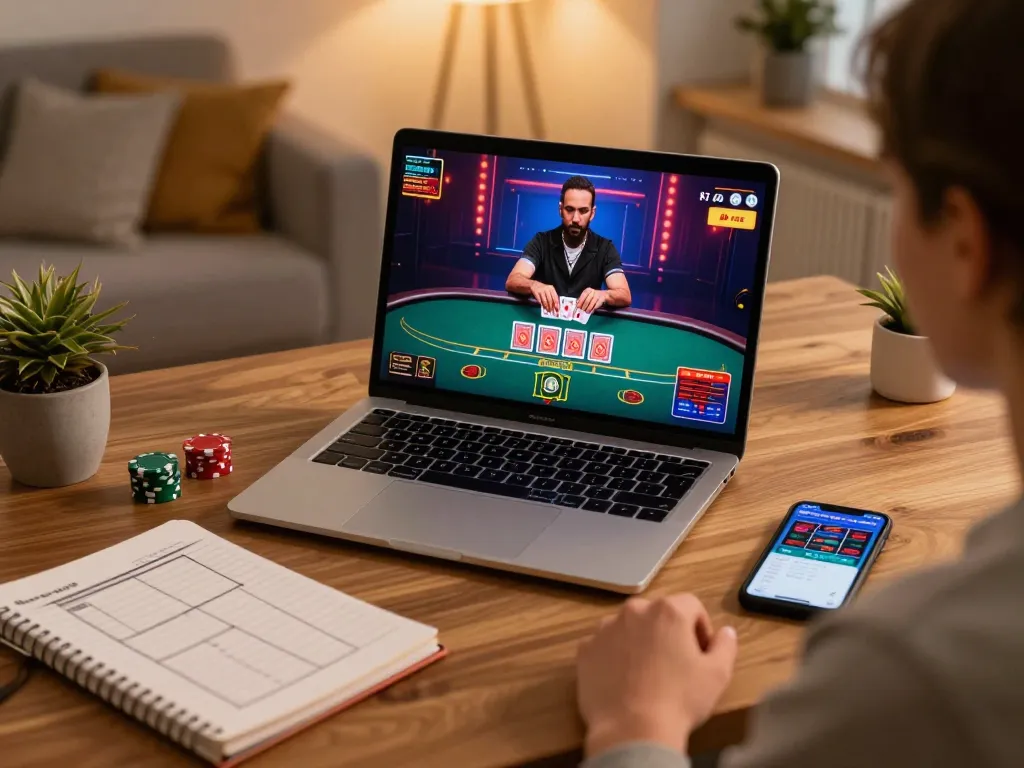 Engaging in qqalfa login while enjoying a live dealer poker game on a laptop in a cozy home setting.