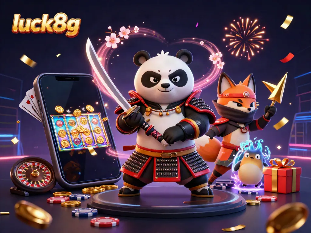 Engage with luck8g's exciting slot games showcased in a vibrant 3D scene with our iconic samurai panda and ninja fox.