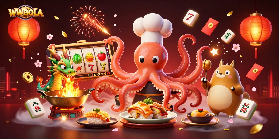 WWBOLA hadir dengan ilustrasi 3D chef sushi dan naga, menggoda dengan mesin slot penuh warna.