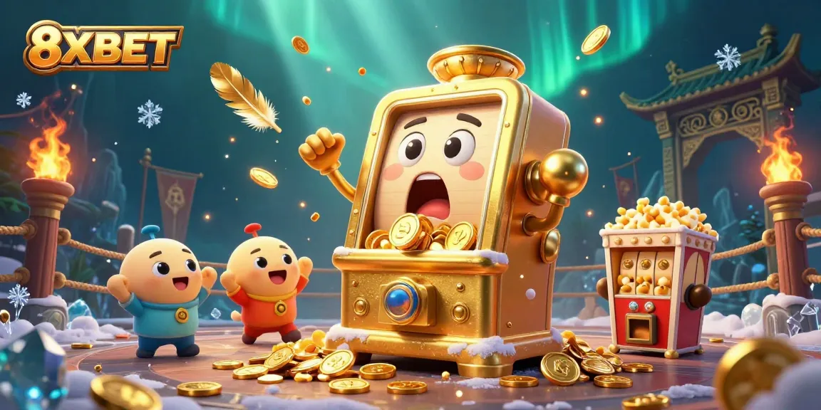 Experience jackpot excitement with 8XBET through this vibrant illustration featuring joyful golden slot machines.