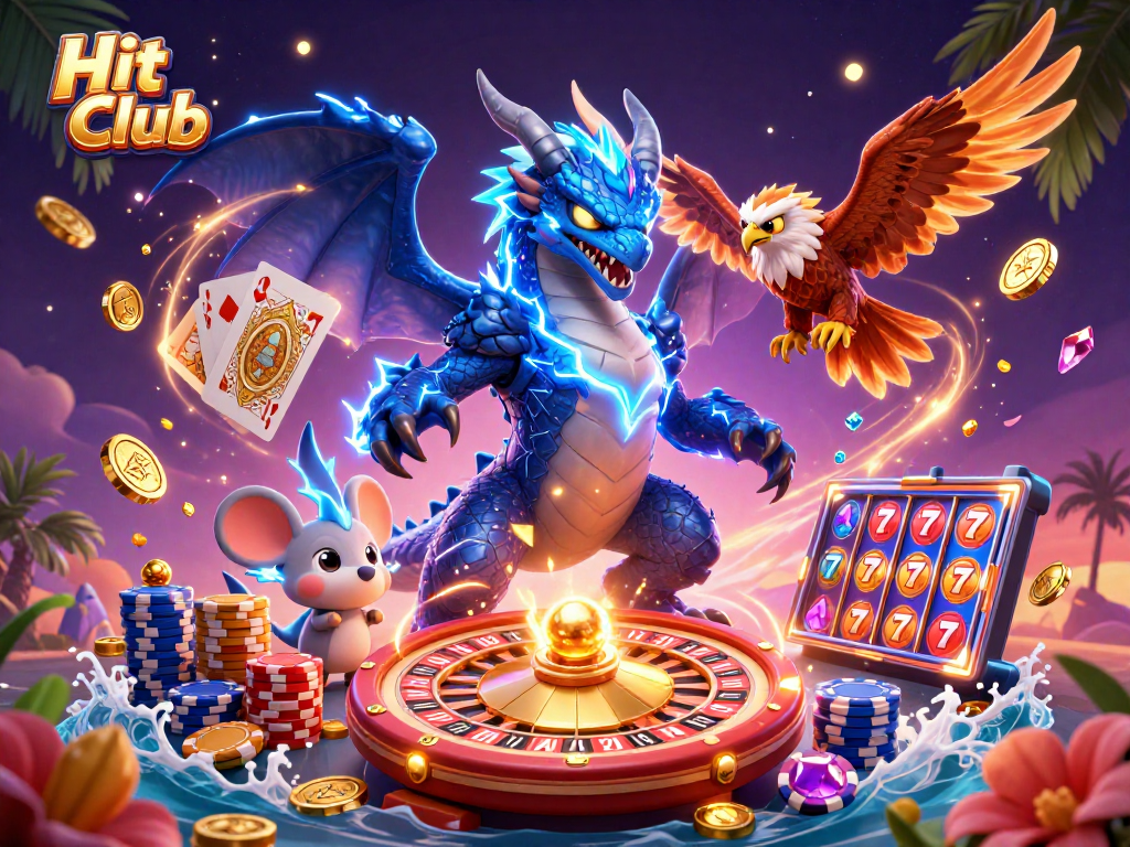 Hit Club showcases thrilling casino excitement with vibrant cartoon dragons and dynamic gaming elements.